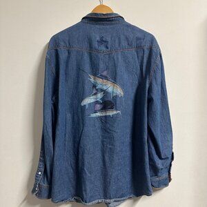 Guy Harvey Shirt Men XL Blue Pearl Snap Denim Marlin Graphic Roll Tab Sleeve